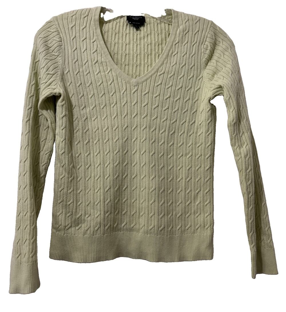 Talbots Petites Pima Cotton Cable Knit Green V-Neck Sweater Classic Size P/XS